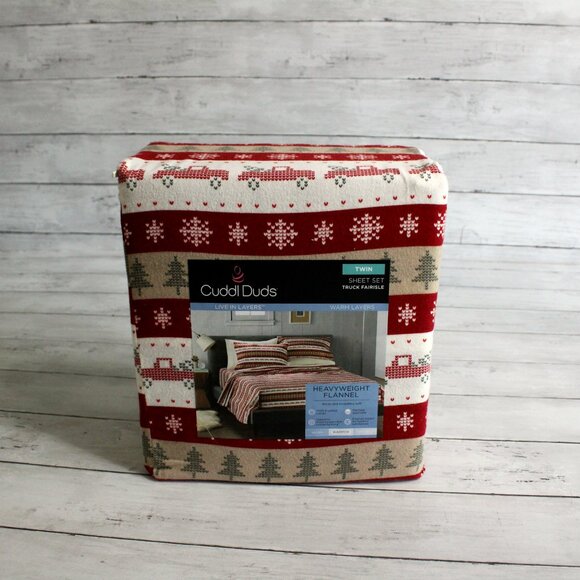 Cuddl Duds Heavyweight Flannel Sheet Set Twin Size Holiday Christmas Trucks - Picture 2 of 5